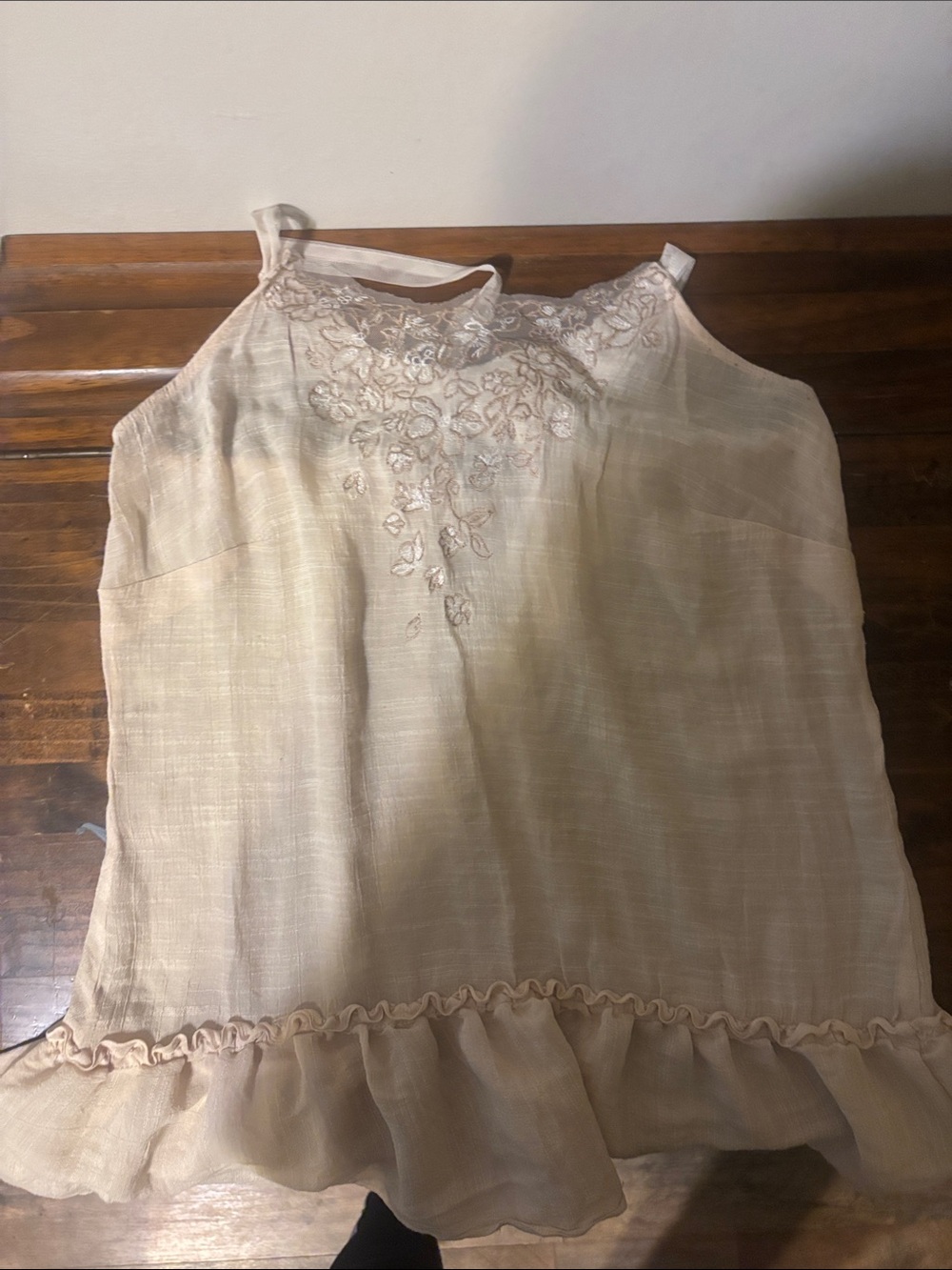Allen B. By Allen Schwartz Cream Embroidered Ruffle-Hem Tank large